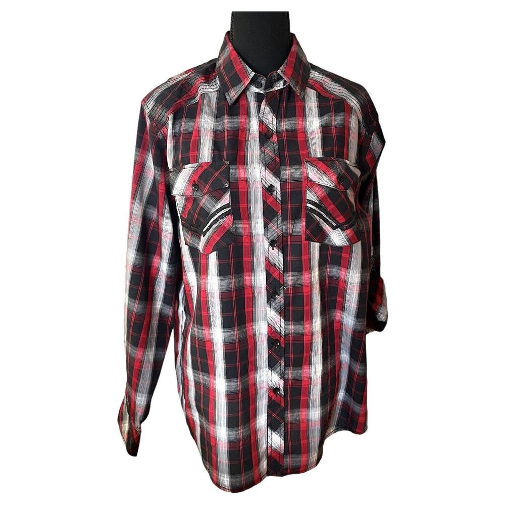 RUSTIC BLUE Red Plaid Classic Fit Roll Tab Long Sleeve Button Up Shirt Men’s M